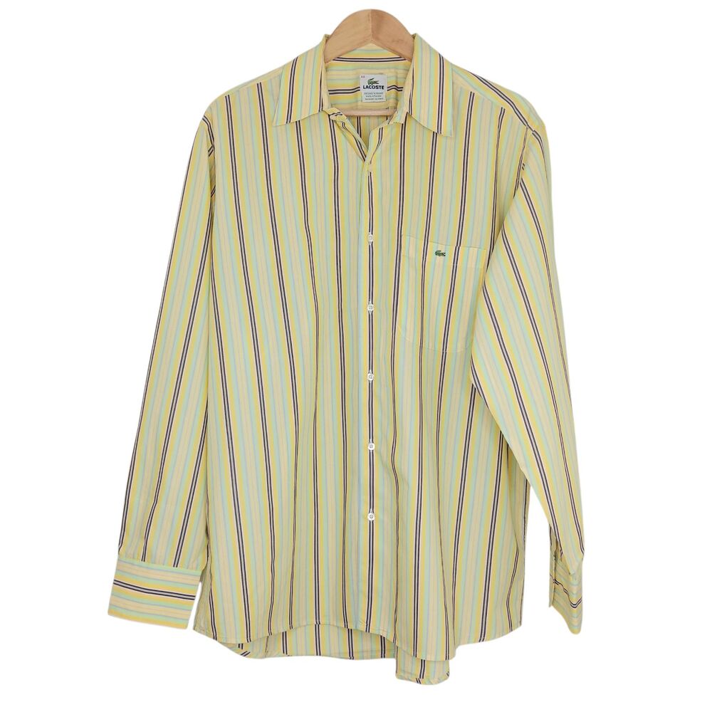 LACOSTE Men’s Striped Button Up Shirt Yellow Green Size 44 Cotton Preppy